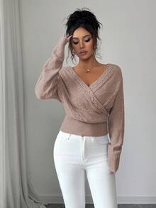 SHEIN Elenzya Áo len dệt kim hở lưng cổ chữ V ngắn thời trang đơn sắc dành cho nữ - Màu Khaki - Xem 4