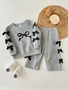 SHEIN 2件套女婴可爱针织灰色蝴蝶结长袖运动衫和裤子套装 - 淺灰色 - 查看 3