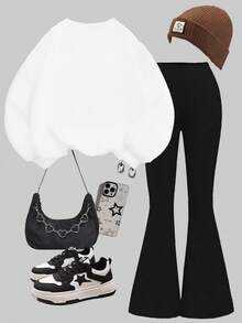 Conjunto de Moletom de Gola Careca Folgado e Calça Flare com Estampa de Cereja Vintage para Meninas Pré-Adolescentes, Adequado para Outono/Inverno, Looks de Outono, Conforto Fácil, Camadas de Outono para Crianças, Crianças Estilosas, Uso Casual, Roupas Gráficas Vintage para Crianças, Volta às Aulas, Roupas de Outono, Homecoming, Adequado para Uso Externo, Estilo de Rua, Casa, Festa