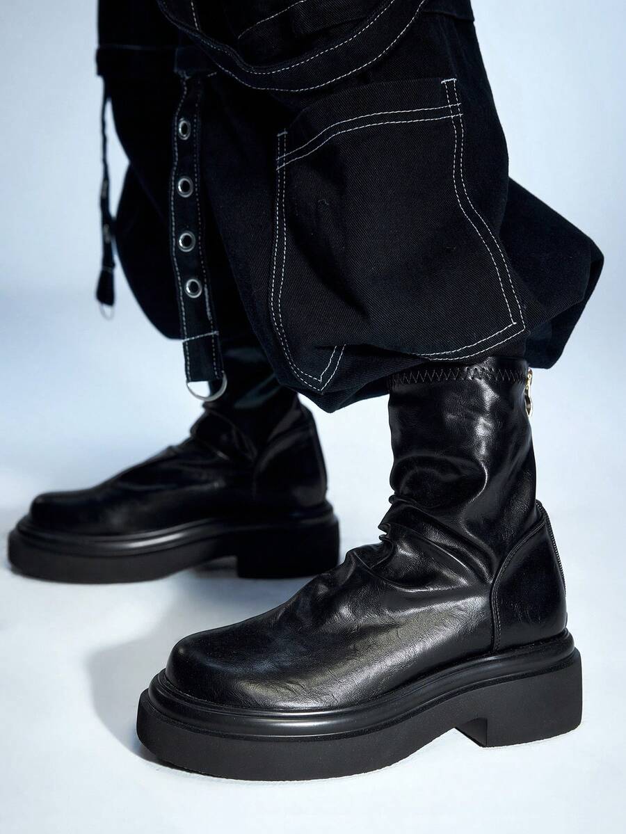 Sugerpunk Women's Round Toe Thick Sole Back Zipper PU Leather Elastic Ankle Boots, Retro Thick Sole Elastic Short Boots Boots, Skinny Boots - Black - View 1