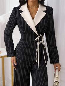 Xyvia 女士休闲/办公优雅条纹系带西装外套和裤子套装，秋冬款 - 黑色 - 查看 5