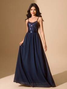 Vestido de malla con contraste de lentejuelas y cintura ceñida, adecuado para bodas, galas, actuaciones, fiestas de cumpleaños, Navidad para adolescentes - Azul Marino - Ver 4