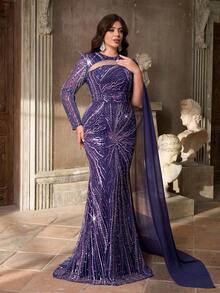 Aureia 加大码优雅浪漫紫色圆领不对称袖奢华亮片网眼拼布美人鱼下摆缀饰礼服（重度缀饰设计） - 紫色 - 查看 7