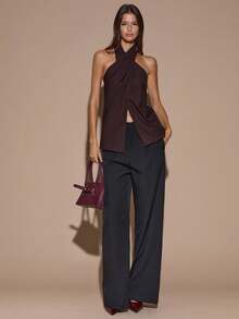 SHEIN BAE 女士优雅露背吊带纯色咖啡棕色上衣，优雅上衣，交叉吊带裹身款式，秋冬款 - 棕色 - 查看 5