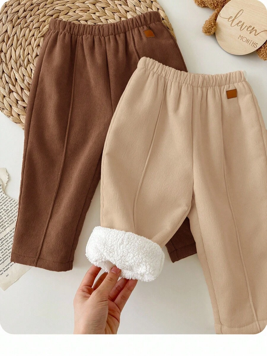 SHEIN 2pcs Baby Girl Corduroy Solid Color Thermal Lined Elastic Waist Pants, Autumn/Winter - Multicolor - View 1