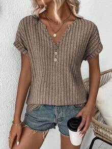 EMERY ROSE Women's Solid Color V-Neck Short Sleeve Button Design Ribbed Casual T-Shirt - Coffee Brown - View 3