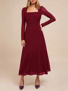Amorya Damen elegantes A-Linien-Kleid mit quadratischem Ausschnitt und Langarm, Lila, geeignet für Partys, Herbst/Winter - Bordeaux - Übersicht 5