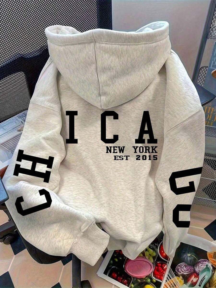 Flirla Áo nỉ giữ nhiệt có dây rút dành cho nữ cỡ lớn, in chữ khẩu hiệu 'NYC ALL GIRLS TEAM SPORTS CLUB' và tên thành phố. - Màu Xám nhạt - Xem 1