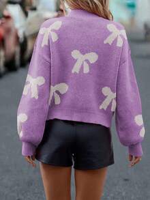 SHEIN LUNE Suéter de punto con cuello redondo, ajuste holgado y mangas farol - Morado - Ver 2