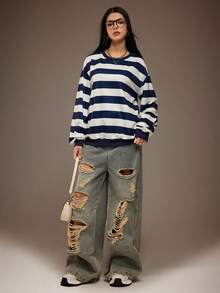 Sparklyn Hanorac retro bleumarin francez pentru fete adolescente, cu dungi late, color block, guler rotund, lejer, cu mânecă lungă, grosime confortabilă, nu pufoasă - Stil casual lejer, potrivit pentru naveta zilnică/întâlniri la cafea/ținute de stradă pentru facultate - Ideal pentru purtare zilnică de primăvară/toamnă - Multicolor - Vizualizare 6