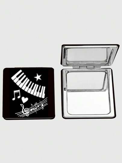 Kawaii 1pc Black Square Mirror With Random Positioning Star Print, Portable Handheld Makeup Mirror For Girls