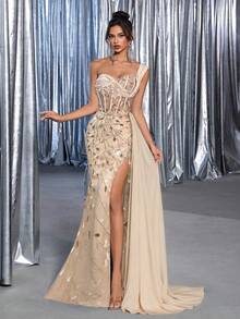 Glamrae Elegant Luxurious Embroidered Sequin Lace Satin Splice Slit Fishtail Formal & Evening Dress With Side Drape,Suitable For Weddings,Parties,Balls - Apricot - View 7