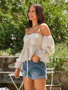 KARISMINA Off Shoulder Flounce Sleeve Ruched Knot Peplum Top - Beige - View 4