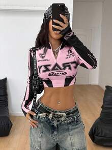 Coolane Tops de cuello alto de ajuste ceñido con mangas, de tela elástica de punto con gráficos, para el día del juego, estilo urbano para mujer - Rosa - Ver 3