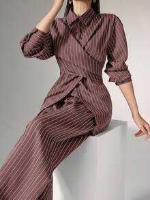 Heiryn Korean Style Cinched Waist Wrap Shirt Two Pieces Set, Versatile For Commute And Daily Wear - Dusty Pink - View 5