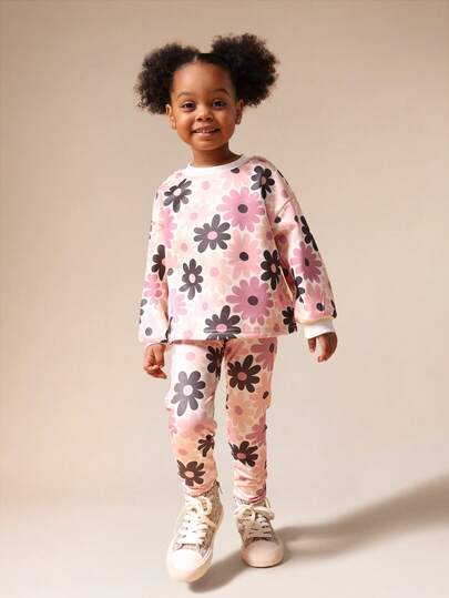  SUMWON 女童复古碎花连帽衫和打底裤套装 长袖套头卫衣搭配长裤度假装