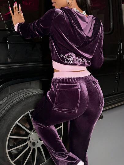 Slaydiva 新款秋冬女装套装，适合返校、万圣节、商务休闲、日常穿着，包括：带英文标语刺绣的拉链连帽外套，撞色袖口和下摆，搭配撞色腰带和后袋的喇叭裤，天鹅绒两件套。