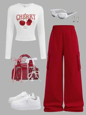 Girlism Conjunto informal de camiseta de manga larga con cuello redondo y estampado de cereza y pantalones cargo para adolescentes