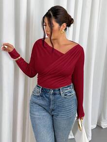 Firerie Tuta elegante e minimalista di moda sexy per taglie forti, adatta per pendolarismo, festival musicali, vacanze, con collo asimmetrico, drappeggiata, manica lunga elasticizzata, autunno/inverno - Bordò - Visualizzare 7