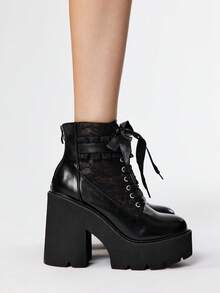 ROMWE Grunge Punk Giày bốt cổ cao gót ren đỏ cổ điển, màu đen gợi cảm, thêu đế xuồng, phong cách Goth/Punk, có khóa cài - màu nâu - Xem 4