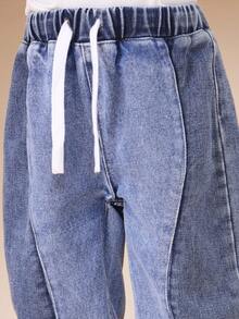 SUMWON 儿童宽松版型抽绳腰带牛仔慢跑裤，带弹性裤脚，适合度假穿着 - 中等水洗藍 - 查看 6