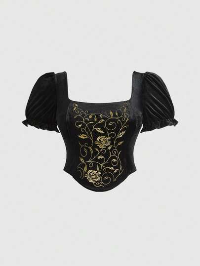 Goth Top quadrato in velluto con colletto e ricamo di rose dorate e rampicanti, in stile gotico