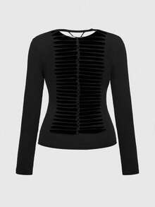 ROMWE Grunge Punk 大码哥特式十字架水钻装饰黑色长袖T恤，女士大码上衣，秋冬哥特休闲大码韩流女式长袖上衣 - 黑色 - 查看 2