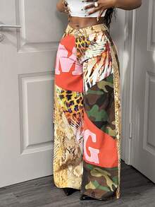 Slaydiva Women's Fashion Camouflage & Snake Skin Print Patchwork Wide Leg Jeans, Patchwork Jungle Theme Jeans - Multicolor - View 4