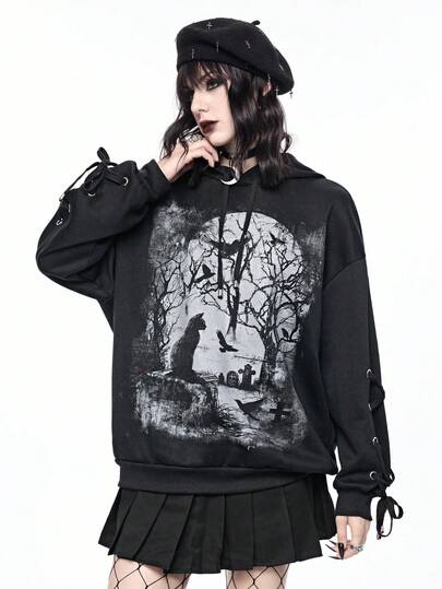 Goth Sudadera holgada con capucha forrada de felpa con diseño gótico de cuervo negro, gato negro y bosque para mujeres