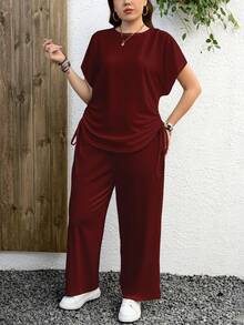 EMERY ROSE Bộ 2 món màu trơn thường ngày cỡ lớn dành cho Giáng sinh và năm mới, thích hợp cho mùa thu/đông và năm mới - Màu Đỏ Sâu - Xem 5