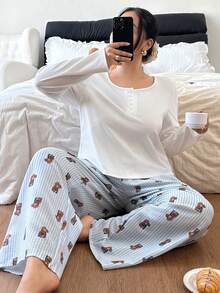 SHEIN 大码女式两件套睡衣套装，可爱小熊条纹印花纽扣上衣和阔腿裤，泰迪熊睡衣套装，女士可爱睡衣，秋冬服装 - 彩色 - 查看 6