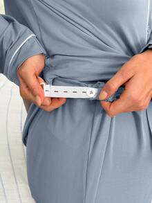 Moonlight&Mama Maternity Contrast Trim V-Neck Letter Embroidery Long Sleeve Top & Pants Lounge Set Sleepwear Pajama Set Sleepwear Women 2 Pieces Set, Fall & Winter - Blue - View 6