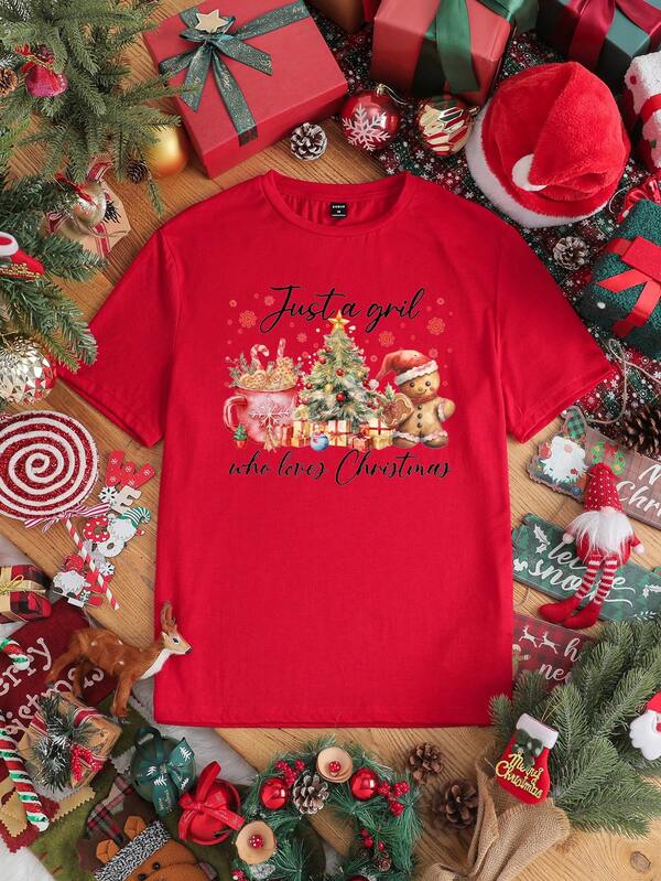 Manfinity Joysei Christmas Casual Santa Tree, Gingerbread Man, Snowflake Print Red Knit T-Shirt, Couple Matching, Christmas Gift For Boyfriend Burgundy Graphic Tee Christmas Graphic Tee