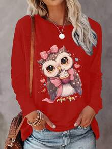EMERY ROSE Women's Casual Loose Fit Owl Print Long Sleeve Round Neck T-Shirt - Red - View 1