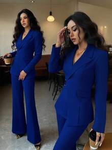 INAWLY Women's Oblique Decorative U-Shaped Buckle Blazer - Navy Blue - View 3