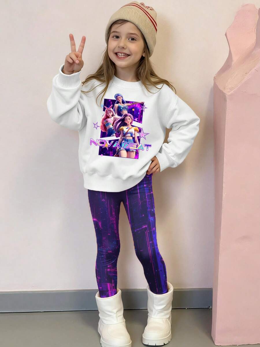 2pcs/Set KPOP Graphic Print Top, Girls Crew Neck Sweatshirt And Leggings Set, Fashionable Casual, Suitable For Autumn/Winter - Multicolor - View 1