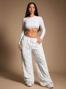 Radiana 女士舒适休闲简约白色低腰抽绳蓬松阔腿裤，休闲长裤，家居裤，户外裤 - 白色 - 查看 4