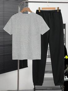 SHEIN 2 件套休闲篮球图案套头衫，适合青少年男孩，适合夏季 - 彩色 - 查看 2
