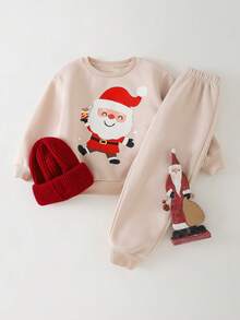 THE HAPPY LOOK 2pcs/Set Young Boy Christmas Pattern Knit Soft Crew Neck Long Sleeve Pullover Sweatshirt And Elastic Waist Pants
