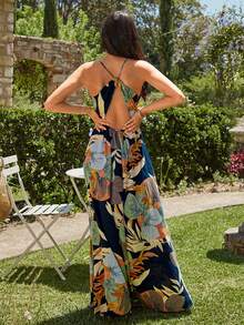 KARISMINA 熱帶圖案交叉領露背高開叉吊帶洋裝 - 藏蓝色 - 查看 2