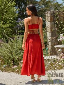 KARISMINA Vestido de unicolor, tejido, con espalda descubierta y cintura con lazo, para vacaciones - Rojo - Ver 2