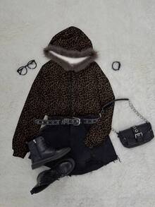 Attitoon 女士休闲复古修身毛领拉链连帽常规夹克，豹纹，适合 Y2K，复古风格