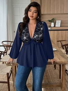 EMERY ROSE Plus Size Women V-Neck Sequin Patchwork Ruffle Hem Bowknot Blouse, Autumn/Winter - Navy Blue - View 5