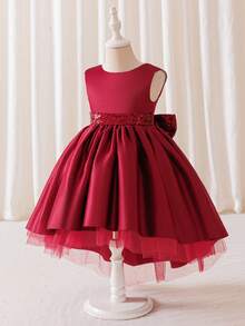 Glamorique Kids 女童酒红色高档缎面薄纱礼服，带拖尾，配有串珠腰带和蝴蝶结装饰，适合表演晚宴、小女孩生日公主裙 - 酒紅色 - 查看 4