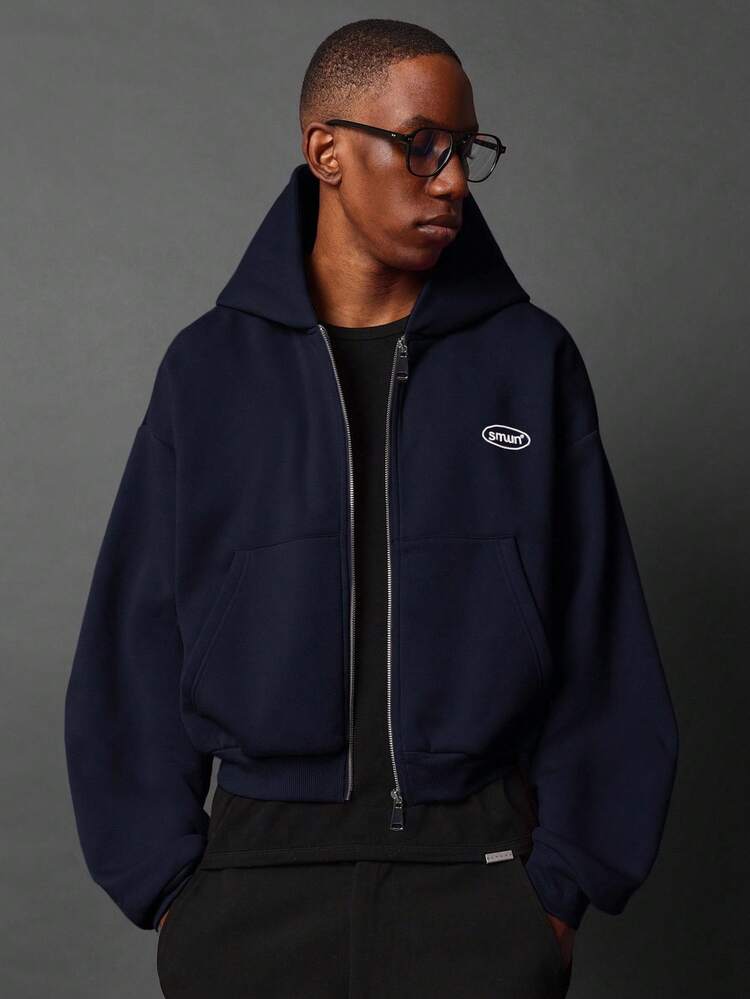 Cropped Zip Up Hoodie With Side Text Print