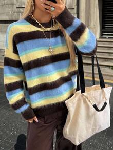 Muchica Suéter casual de cuello redondo con degradado de colores para mujer de talla grande, ropa de otoño e invierno - Multicolor - Ver 3
