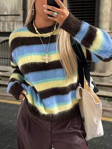 Muchica Suéter casual de cuello redondo con degradado de colores para mujer de talla grande, ropa de otoño e invierno - Multicolor - Ver 5