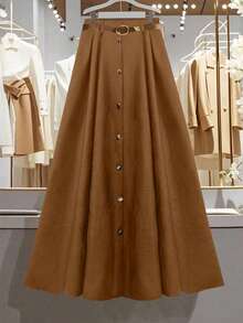 Franclia Plus Size Women's French Button Decor A-Line Skirt Brown Belted Skirt Brown Pleated Skirt Earth Tone Skirt Long Brown Skirt Brown Maxi Skirt