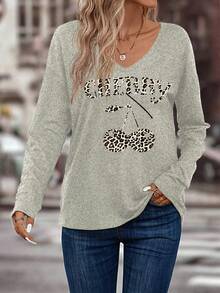 INAWLY New Arrival Hot Selling Women's Soft & Comfortable Casual Cherry Leopard Print Text V-Neck Long Sleeve T-Shirt, Spring/Summer