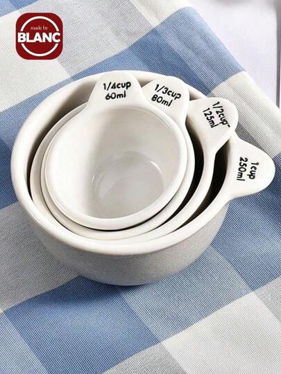 1 set kreativa små skålformade keramiska måttkoppar, nya benporslinsglaserade marmormått, söta små skålar, set om 4, keramisk mjölkmåttkopp, äggmåttskål, bakskål, måttkoppar, keramik, standardmått, set om 4 skålar med grepp, inkluderar 1 kopp, 1/2 kopp, 1/3 kopp och 1/4 kopp, diskmaskin